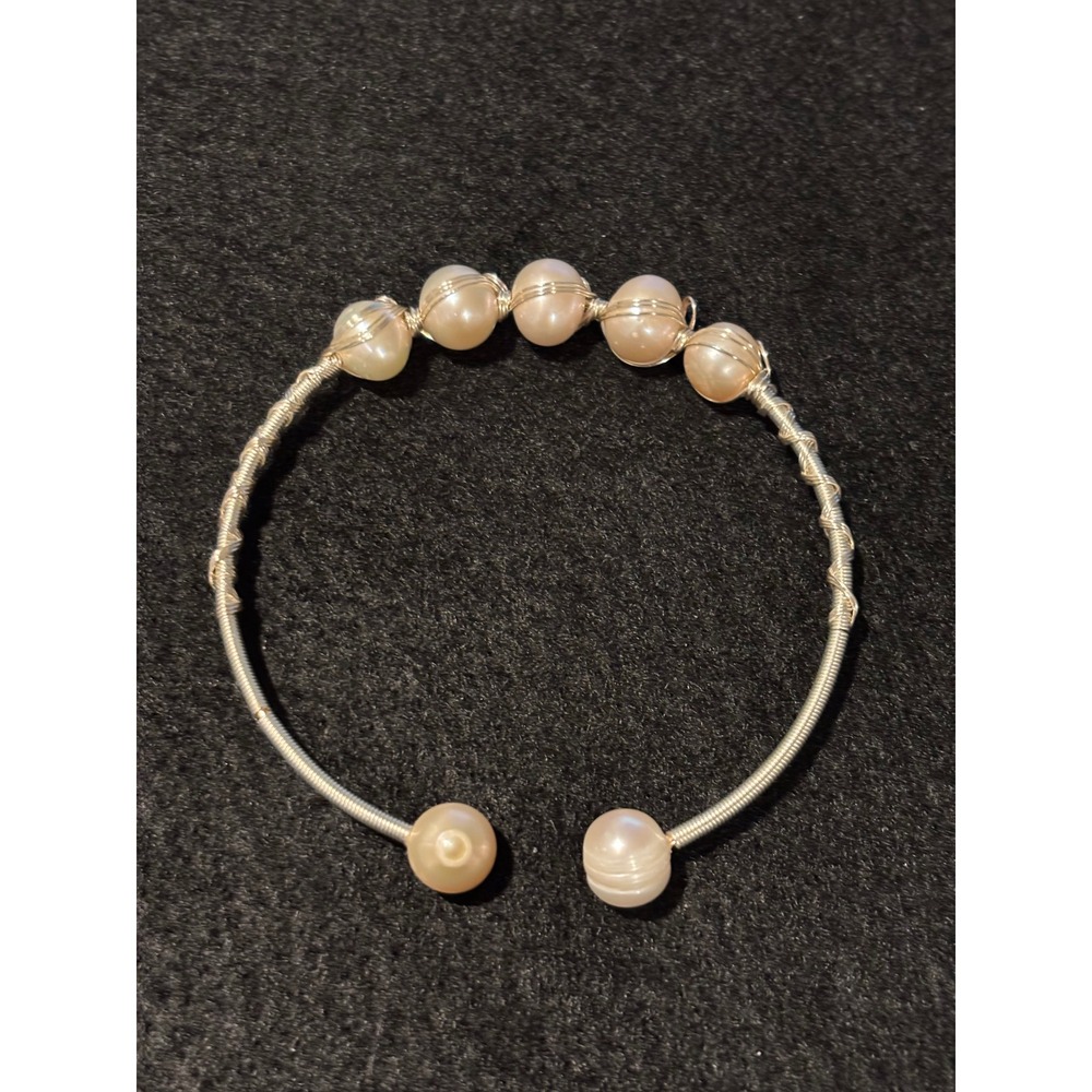 Natural Pearl Wire Wrapped Cuff Bracelet Silver Tone Cream 8.19J